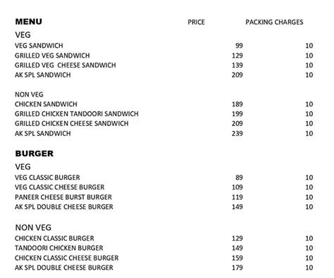 Menu at AK Food Spot, Chennai