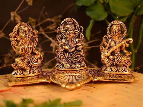 Lakshmi Ganesha Saraswati with Diya Diwali Statue Idol - Puja – Mantraa