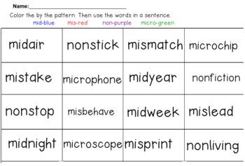 Color by prefix -mid -mis -micro -non by Yay for Second | TpT