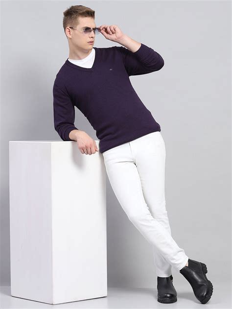 Buy Men Purple Solid V Neck Full Sleeve Pullover Online in India ...