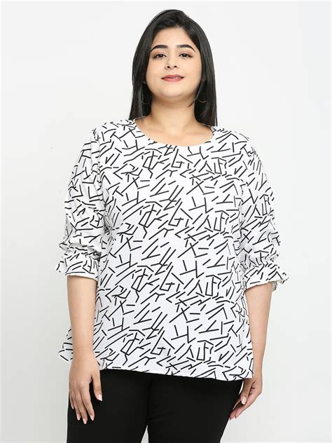 Style Quotient White & Black Abstract Polyester Regular Casual Top ...