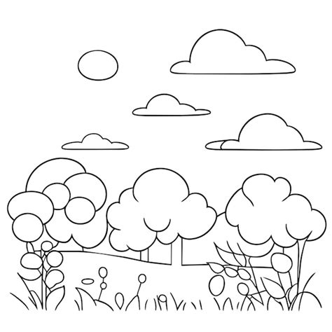 Kleurplaat landschap natuurtaferelen met zonwolken of weidelandschap ...