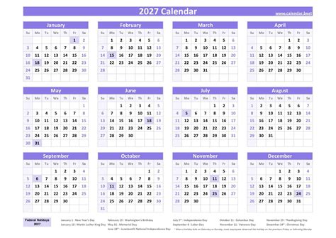 2027 calendar with holidays (US Federal Holidays)
