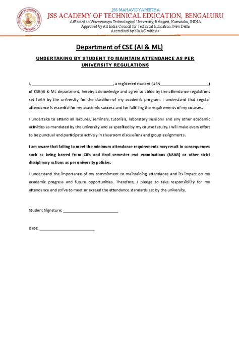 CSE(AI & ML) Attendance Undertaking - Student Commitment Form - Studocu