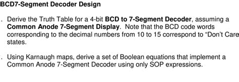 SOLVED: BCD 7-Segment Decoder Design Derive the Truth Table for a 4-bit BCD to 7-Segment Decoder ...