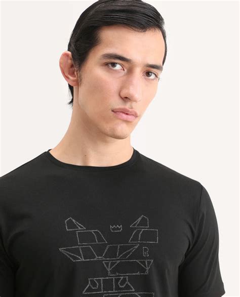 Rare Rabbit Men's Ery Black Cotton Blend Fabric Half Sleeve Crew Neck