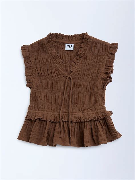 Buy Y&F Kids Girls Brown Smocked Cotton Top from Westside