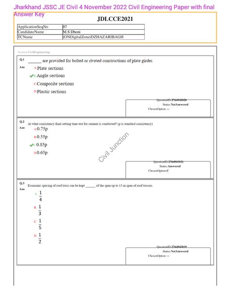 Jharkhand JSSC JE Civil 4 Nov22 Civil Paper n Key - JDLCCE ...