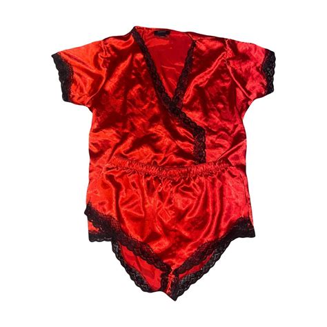 ASHRO RED AND BLACK LACE PAJAMA SET top ties to... - Depop