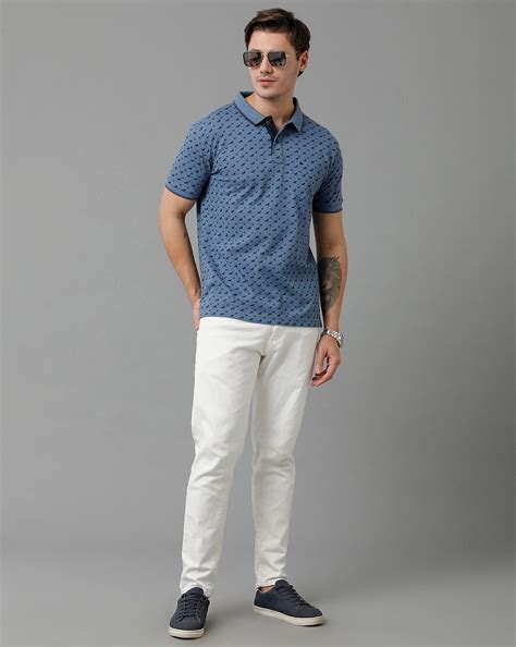 Classic Polo Men's Cotton Half Sleeve Printed Slim Fit Polo Neck Blue