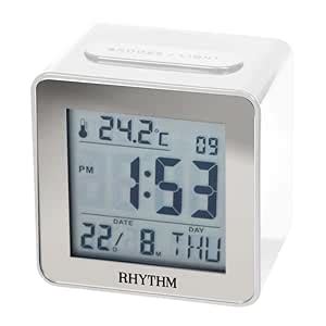 RHYTHM Square White Color Plastic Case LED Light Beep Alarm Snooze ...