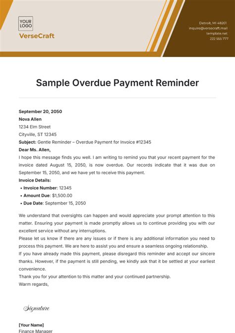 Free Sample Overdue Payment Reminder Template to Edit Online