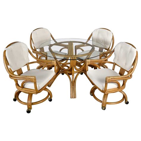 Vintage Rattan Game Table Set Round Glass Top Table and 4 Swivel ...