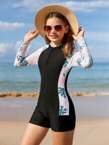 Tween Girl Tropical Plant Print Long Sleeve One-Piece Swimsuit | SHEIN USA