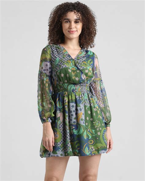 Green Printed Wrap Dress