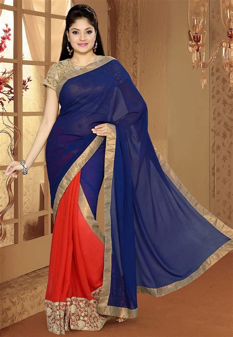 Buy Shree Ji Saree Women's Half N Half Georgette Saree in Blue and Red ...
