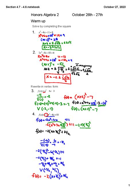 Section+4 - Honors Algebra 2 October 26th 27th Warm up ####### Solve by ...