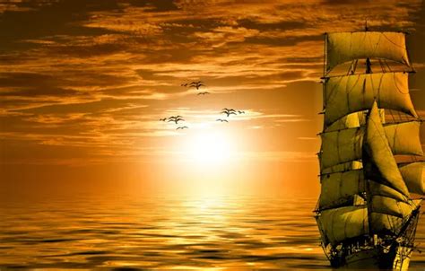 Wallpaper sea, the sky, sunset, birds, rendering, ship, seagulls ...