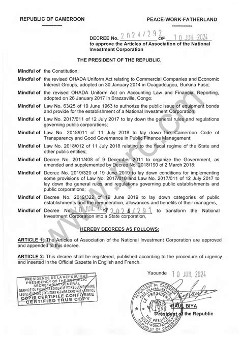 Decree No.2024/292 of 10 July 2024 to approve the Articles of ...