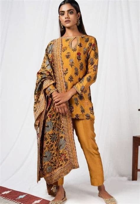 Mustard yellow italian silk digital printed salwar suit