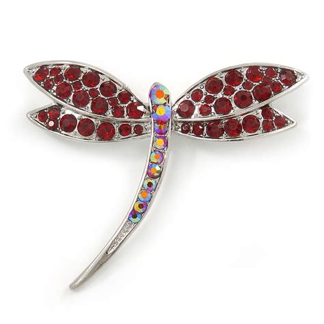 Buy Avalaya Classic Burgundy Red Crystal Dragonfly Brooch in Rhodium ...