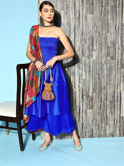 Ink Blue Off Shoulder Silk Kurta Set -Multi Bandhej Dupatta - InWeave