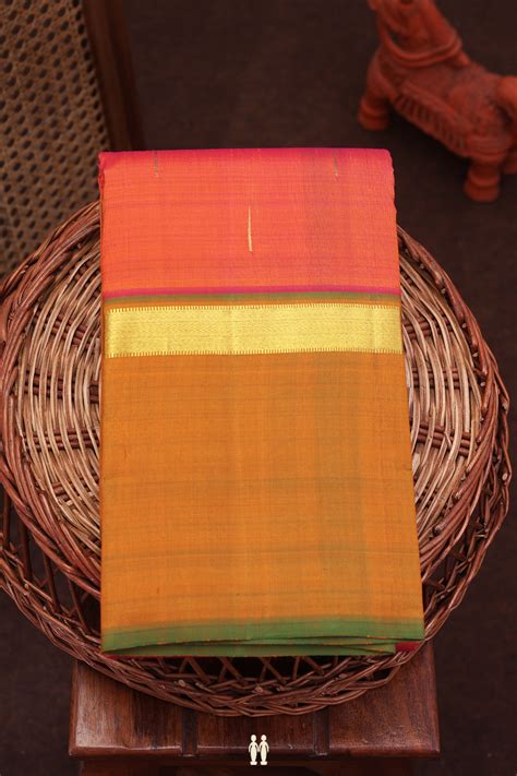 Kanchipuram Silk Saree Coral Orange With Malli Moggu Buttas