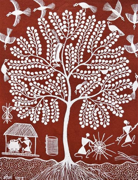 "Warli Art 17": Red Warli Traditional_Art by Sanjay Parhad | ArtZolo.com