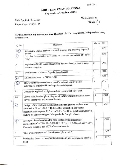 Applied Chemistry Mid sem Question Paper - Sub: Applied Chemistry Paper ...