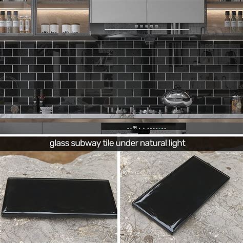 Buy Adedeo Glass Subway Tile 3 x 6 Inch Black for Kitchen Backsplash ...