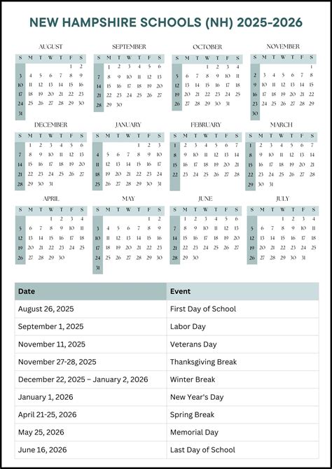 New Hampshire Schools Calendar 2025-2026
