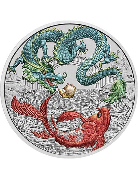 GREEN DRAGON AND KOI Chinese Myths & Legends 1 Oz Silver Coin 1$ Au...