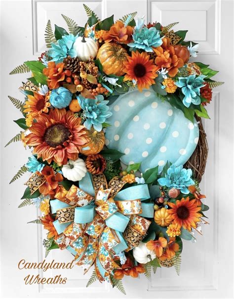 Blue and Orange Fall Wreath for Front Door