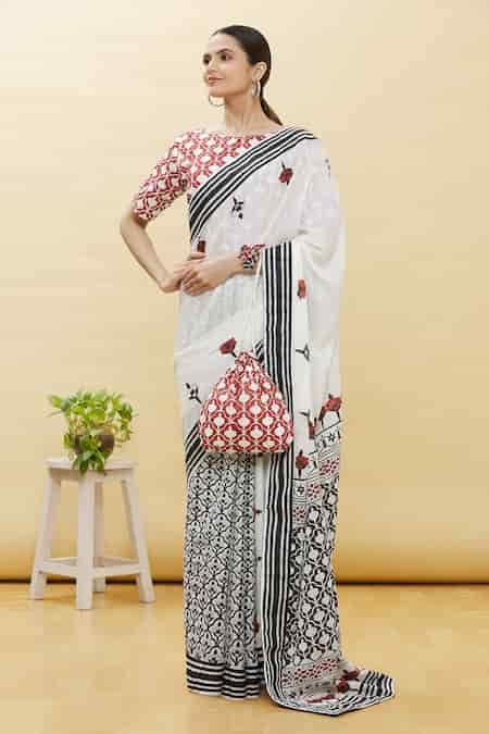 Buy Samyukta Singhania White Hand Block Print Saree With Blouse Online ...