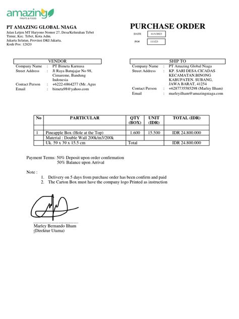 Image result for Purchase Order Sample