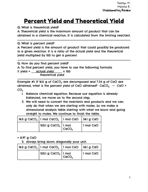 Stoichiometry Review: Percent Yield and Theoretical Yield ...