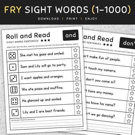Fry Sight Words Bundle: 1-1000, Roll & Read Sight Word Worksheets, [SET ...