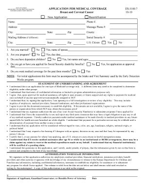 Fillable Online APPLICATION FOR MEDICAL COVERAGE Breast and Cervical ...