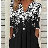 Women's Midi Dress Tunic Dress Floral Pocket V Neck Midi Dress Elegant ...