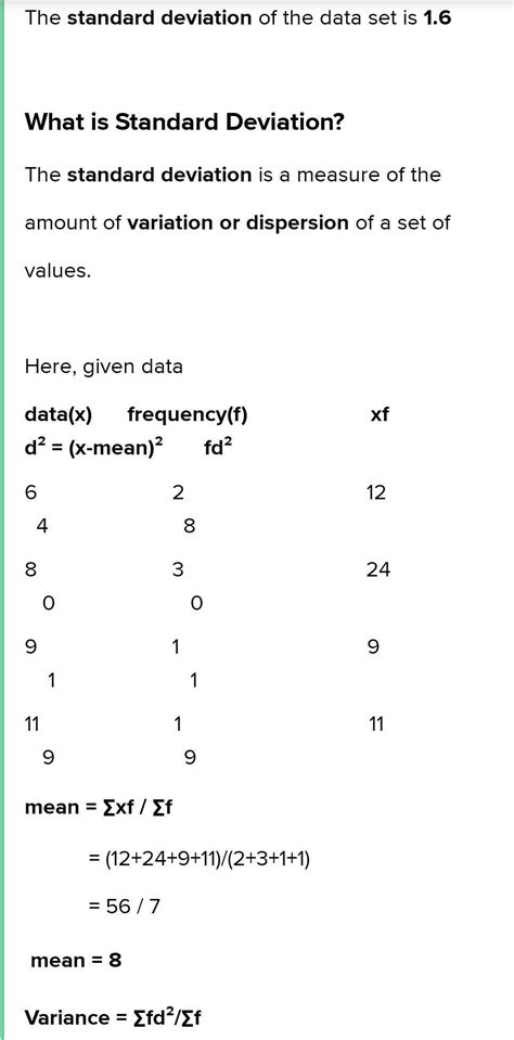 What is the standard deviation of the data set {6, 6, 8, 8, 8, 9, 11 ...