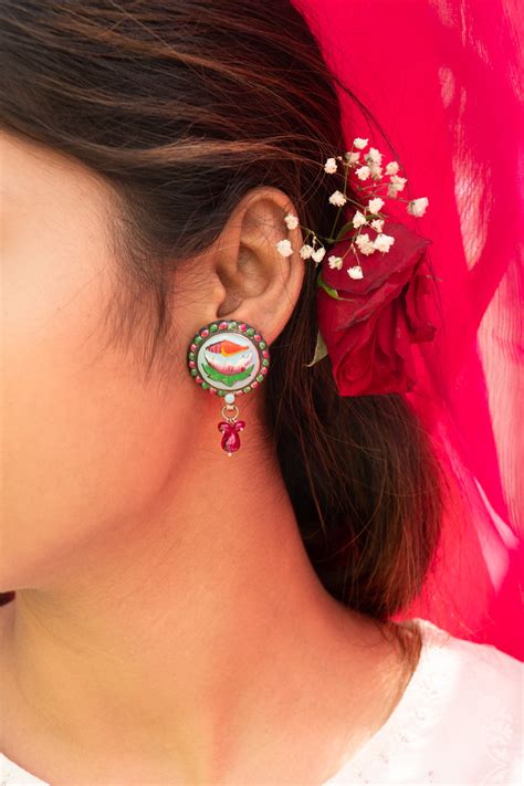 Lotus And Shell Handcrafted Enamel Earrings With Red Glass Hangings ...