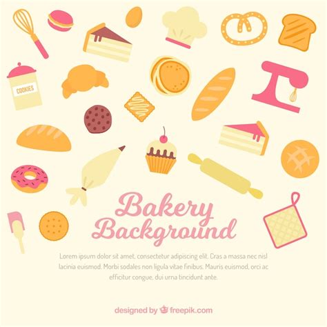 Bakery background with tools and sweets in flat style | Free Vector
