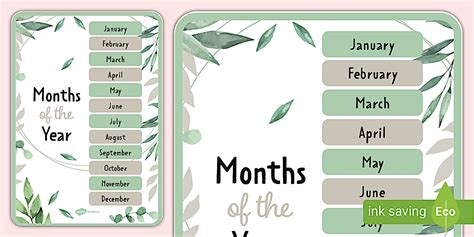 Botanical Themed Months of the Year Display Poster