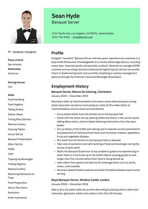 Banquet Server Resume Template - Printable And Enjoyable Learning