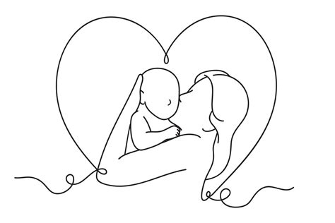 Continuous one line drawing of mother and baby in heart shape. Line art ...