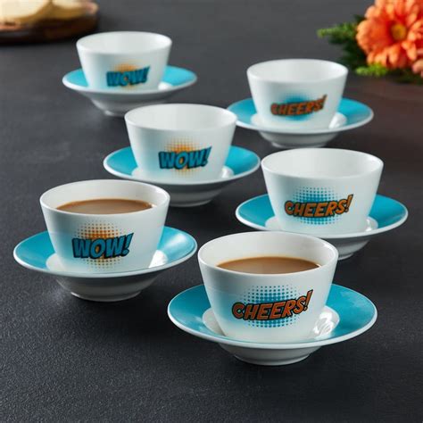 Buy Raisa White Printed Bone China Kawa Cup and Saucer Set - 12 pcs ...