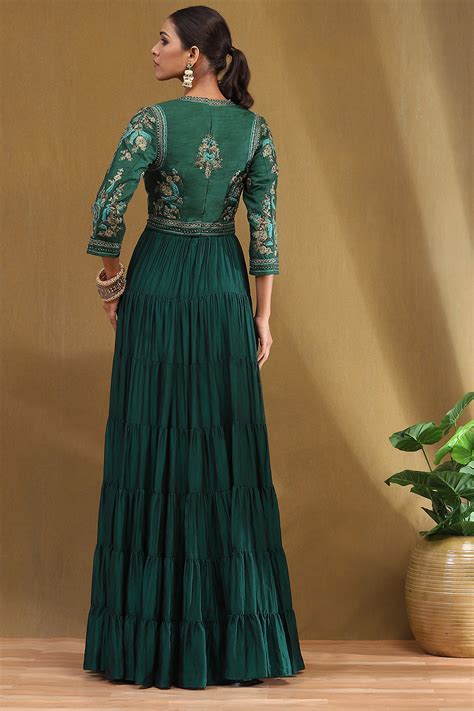 Buy Emerald Green Silk Festive Tiered Anarkali Dress Online at Biba India