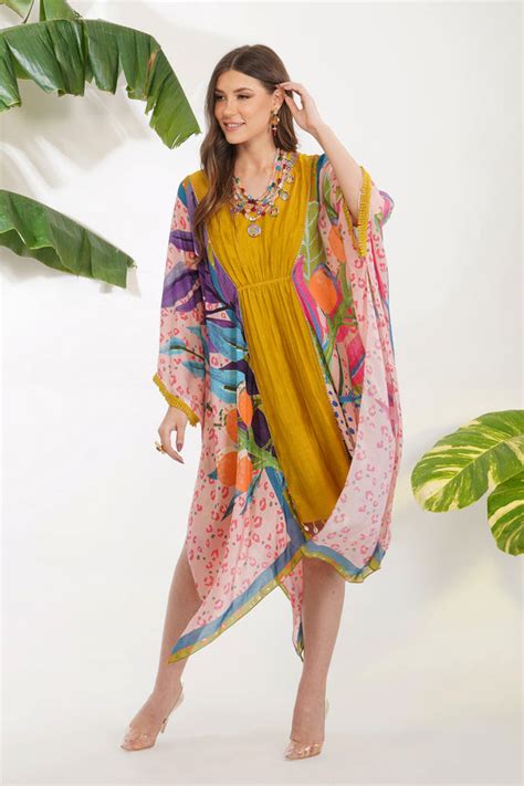 Devyani Mehrotra - Tropical Leaf Print Yellow Kaftan - Elahe