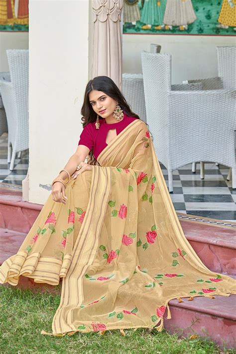 Buy Sand Beige Organza Saree 90816 Online | Karagiri