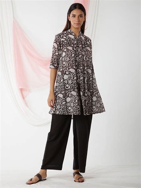 Black Hand Block Printed Cotton Mulmul Tunic